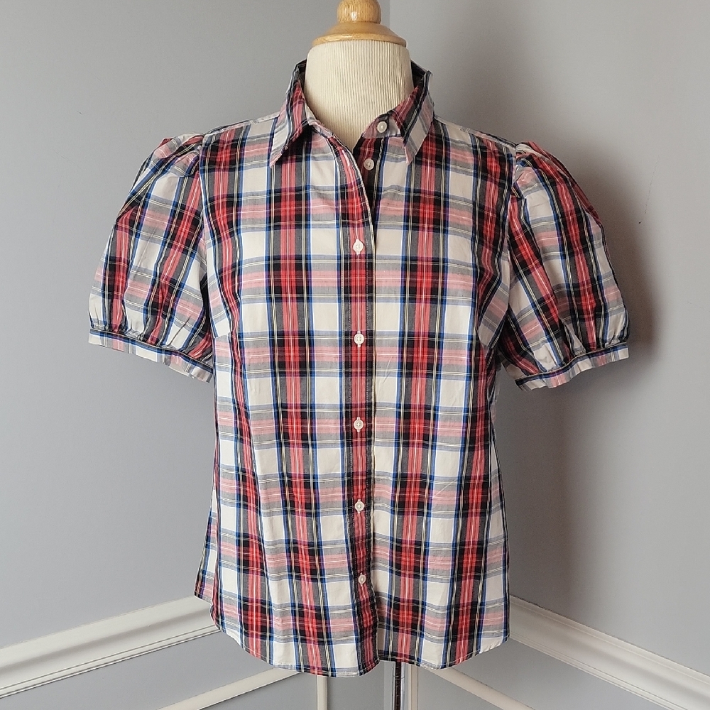 J.CREW‎ Red Black Tartan Plaid Holiday Preppy Classic Puff Short Sleeve Shirt M